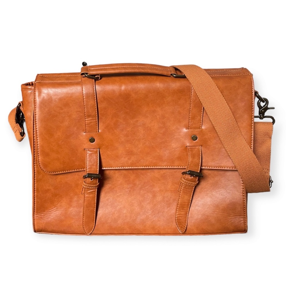 Vegan Leather Men’s Briefcase Tan Shoulder Strap
